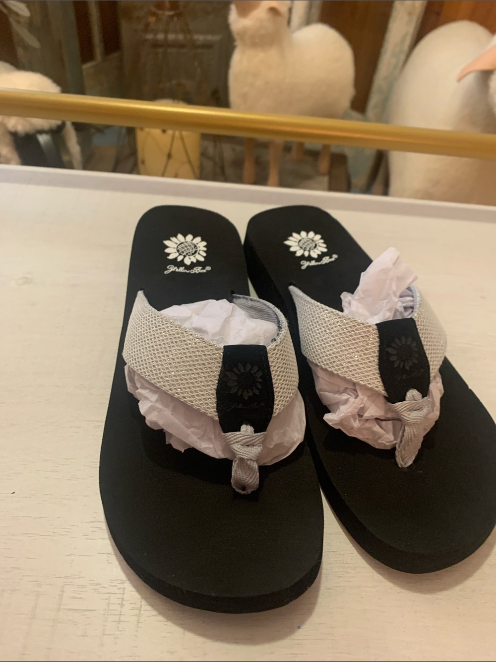 Yellow Box Women's Black Footbed with White Straps Thong Sandals
